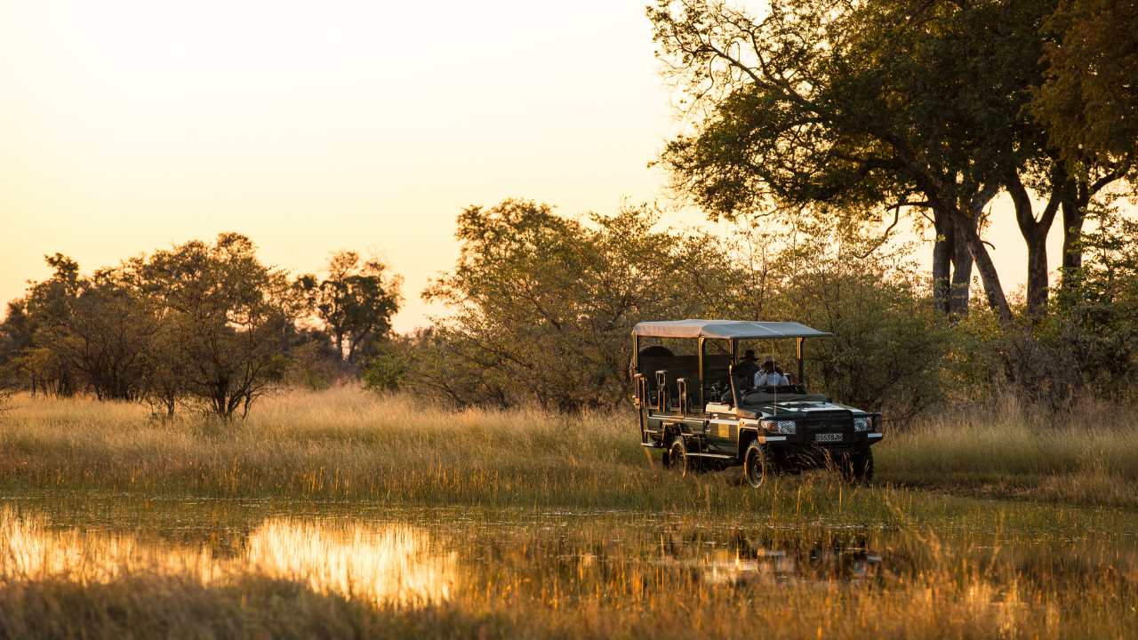 Safari vehicle across wetlands at sunset in Botswana’s Okavango Delta with a calm river in the foreground.