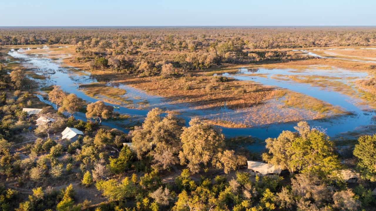Aerial view of Okavango Delta, Botswana, over the Duba Explorers camp.
