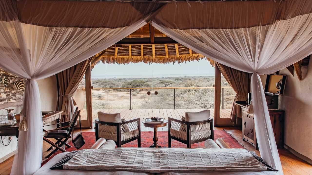 Looking out into the bush from inside the Main Guest Lode at Ol Donyo Lodge in Kenya.