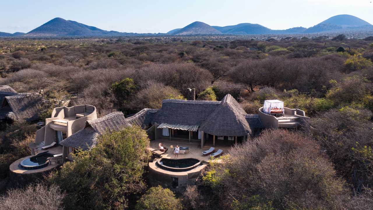 Aerial shot of Donyo Lodge, Kenya. Front of lodge, main lodge.