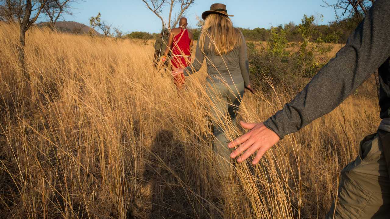 Small group of guests in long blond grass on walking Safari in Kenya