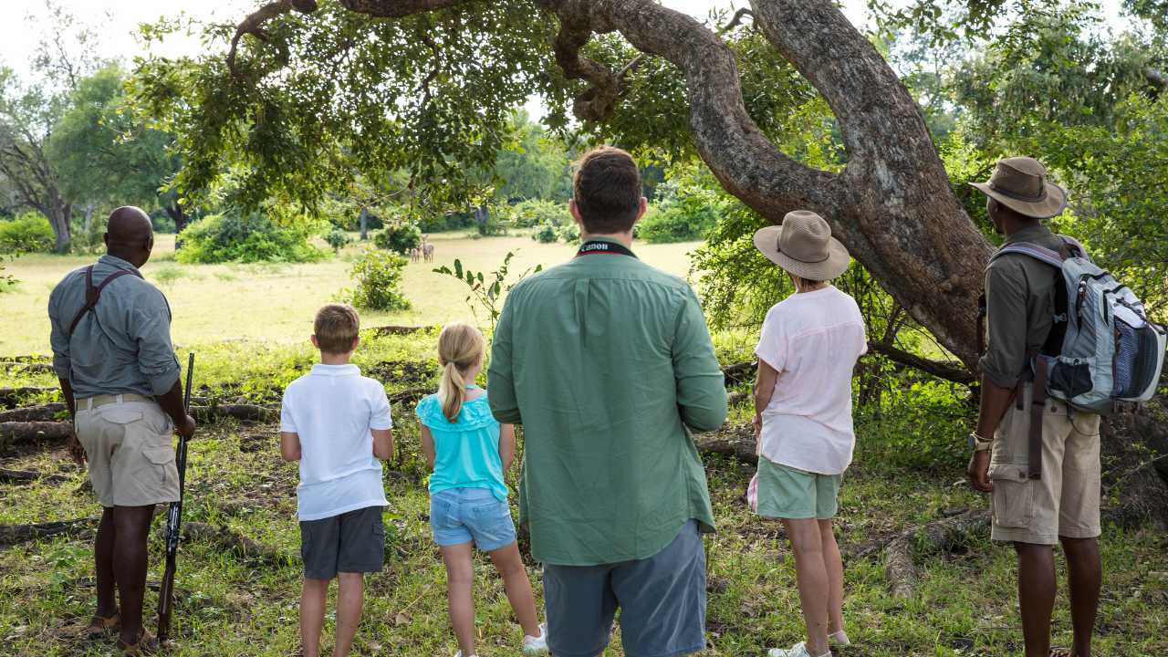 Family of four with two guides on a multi generational walking safari in Zimbabwe
