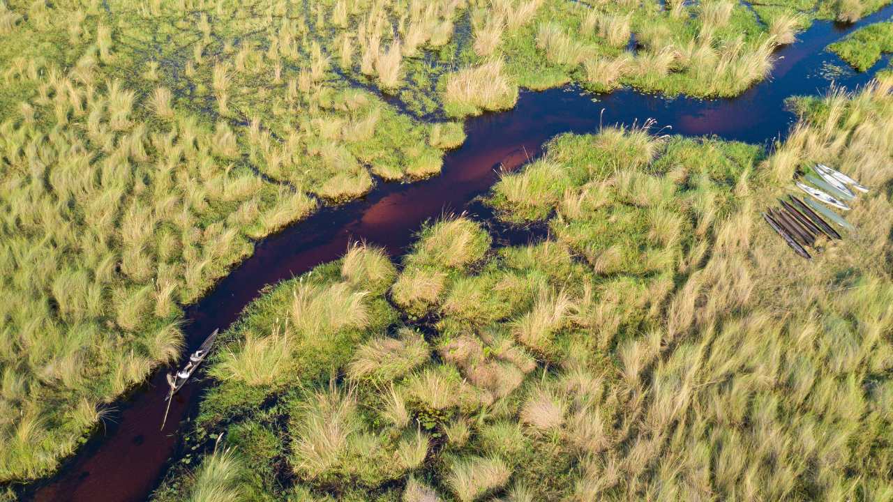 Aerial view of the Okavango Delta, Botswana, over the Duba Explorers Club camp.