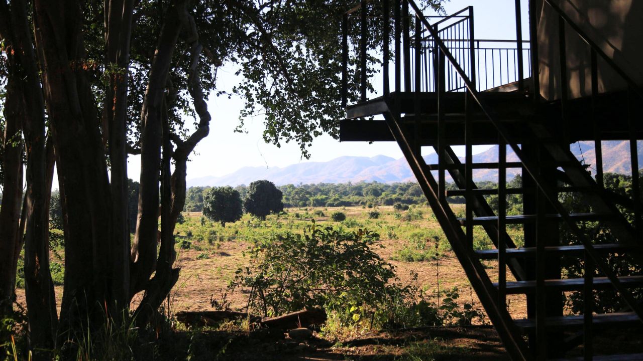 Rear side overlooking bush of an elevated guest suite at Kavinga Safari Camp, Zimbabwe.