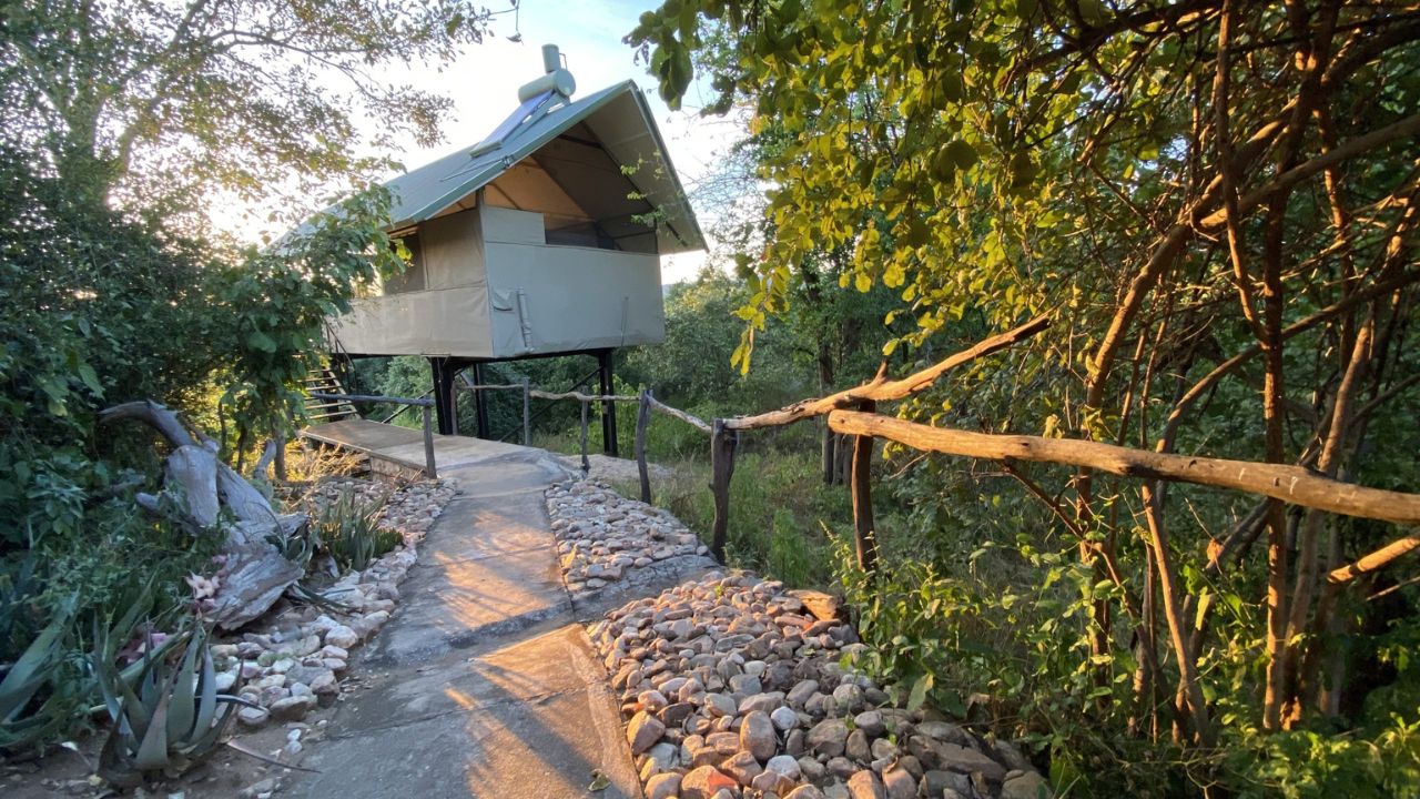 Walkway entrance to elevated tented accommodation at Kavinga Safari Camp, Zimbabwe.