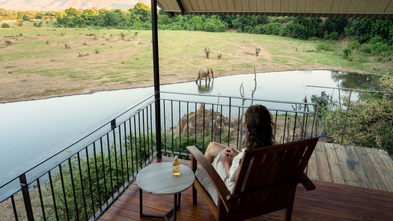 Guest looking down from elevated accommodation at Kavinga Safari Camp as elephants drink from a watering hole below, Zimbabwe.
