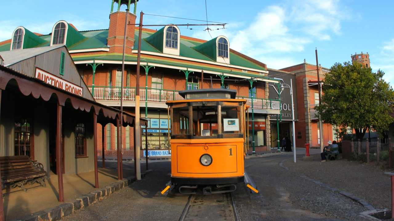 Historic tram parked outside the Kimberley Museum in South Africa.