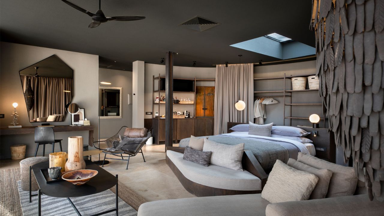 Different angle of modern guest suite with contemporary furnishings at Sossusvlei Desert Lodge