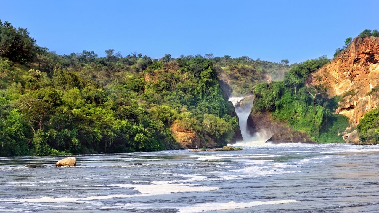 Murchison Falls with river in foreground and waterfall in background