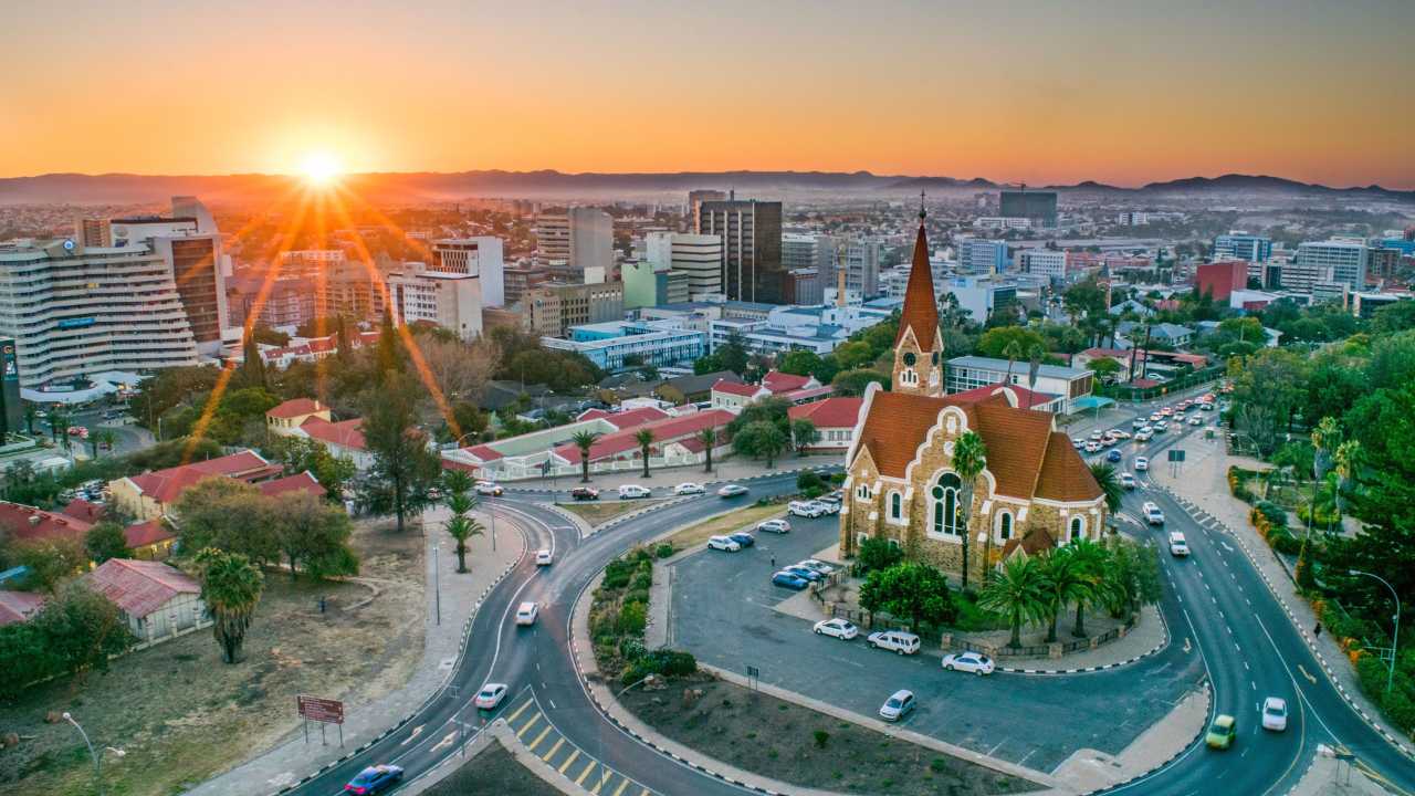 View of Windhoek, Namibia, showing a mix of traditional and modern buildings.