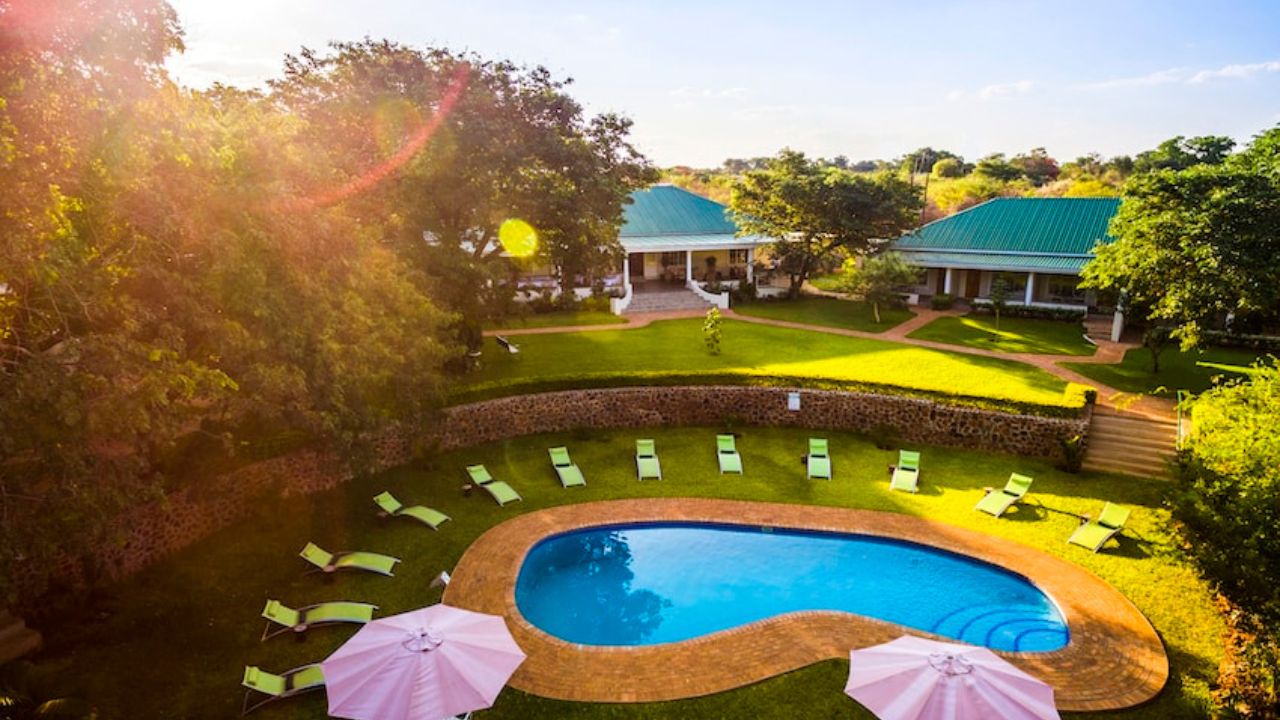 Aerial view of Batonka Hotel swimming pool and surrounding grounds