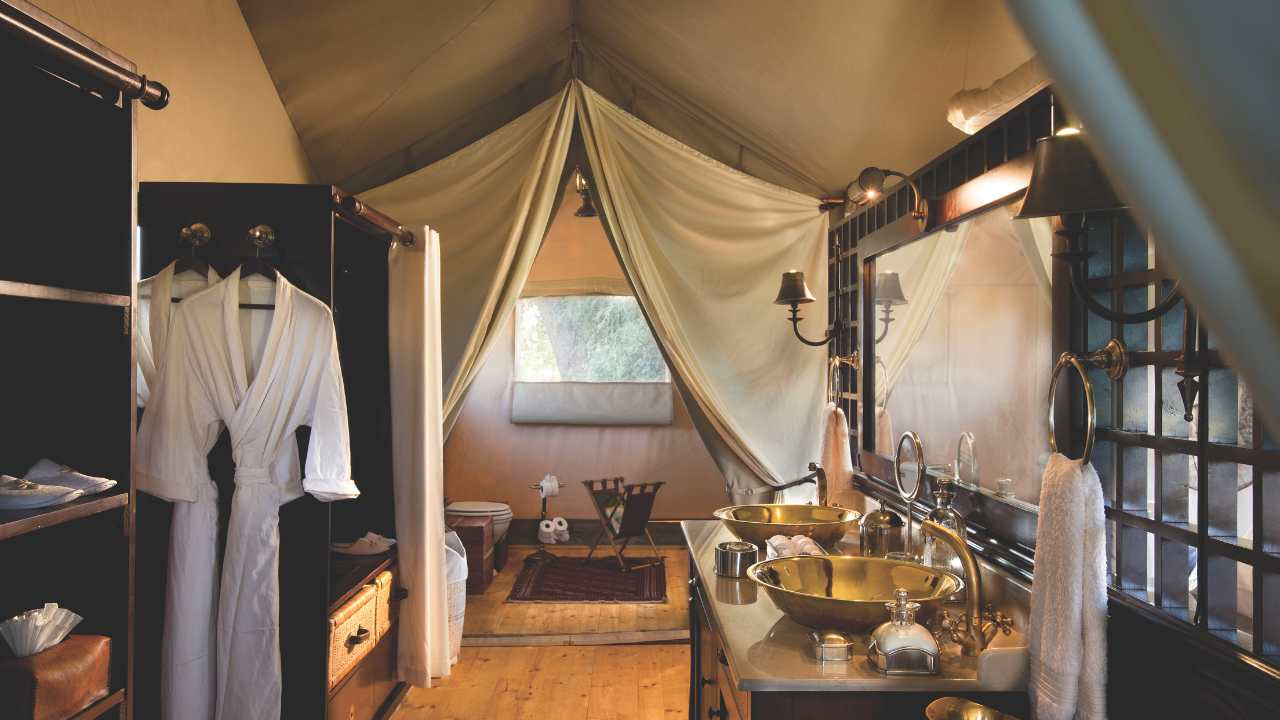 Bathroom inside luxury tented accommodation at Duba Explorers Camp, Okavango Delta, Botswana.
