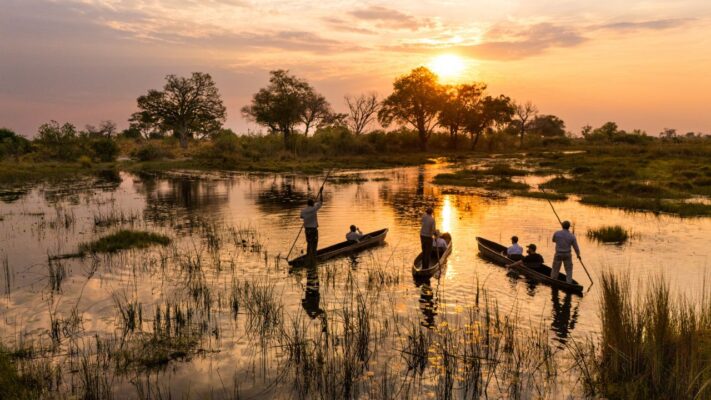 Three traditional canoes arriving for sundowner drinks on the Okavango Delta at Duba Plains Camp during a golden sunset, Botswana.