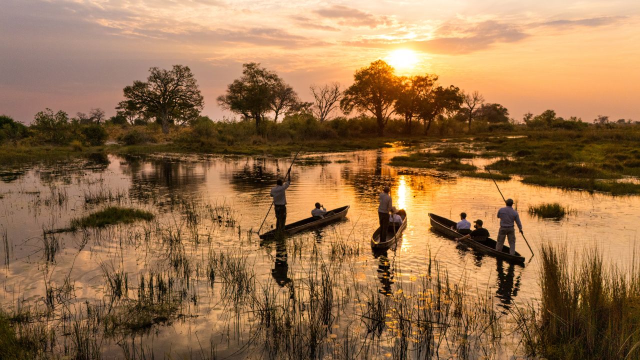 Three traditional canoes arriving for sundowner drinks on the Okavango Delta at Duba Plains Camp during a golden sunset, Botswana.