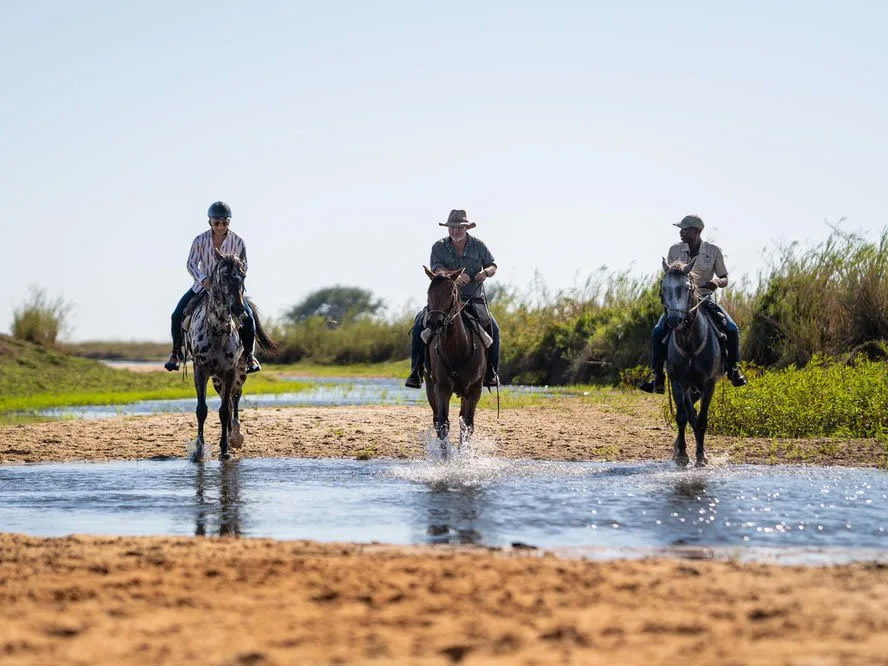 Three people on horses crossing a river on a horseback safari in Africa.