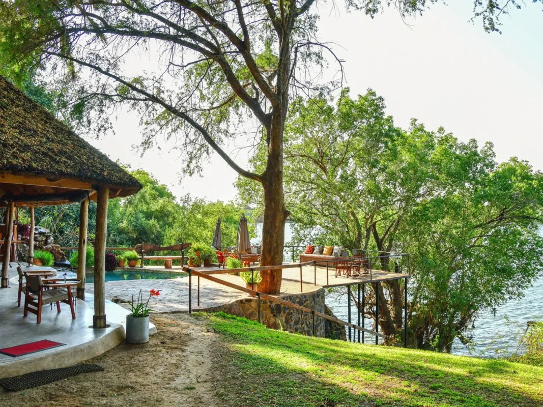 Outside deck overlooking river in day time at Chundukwa Lodge Zambia