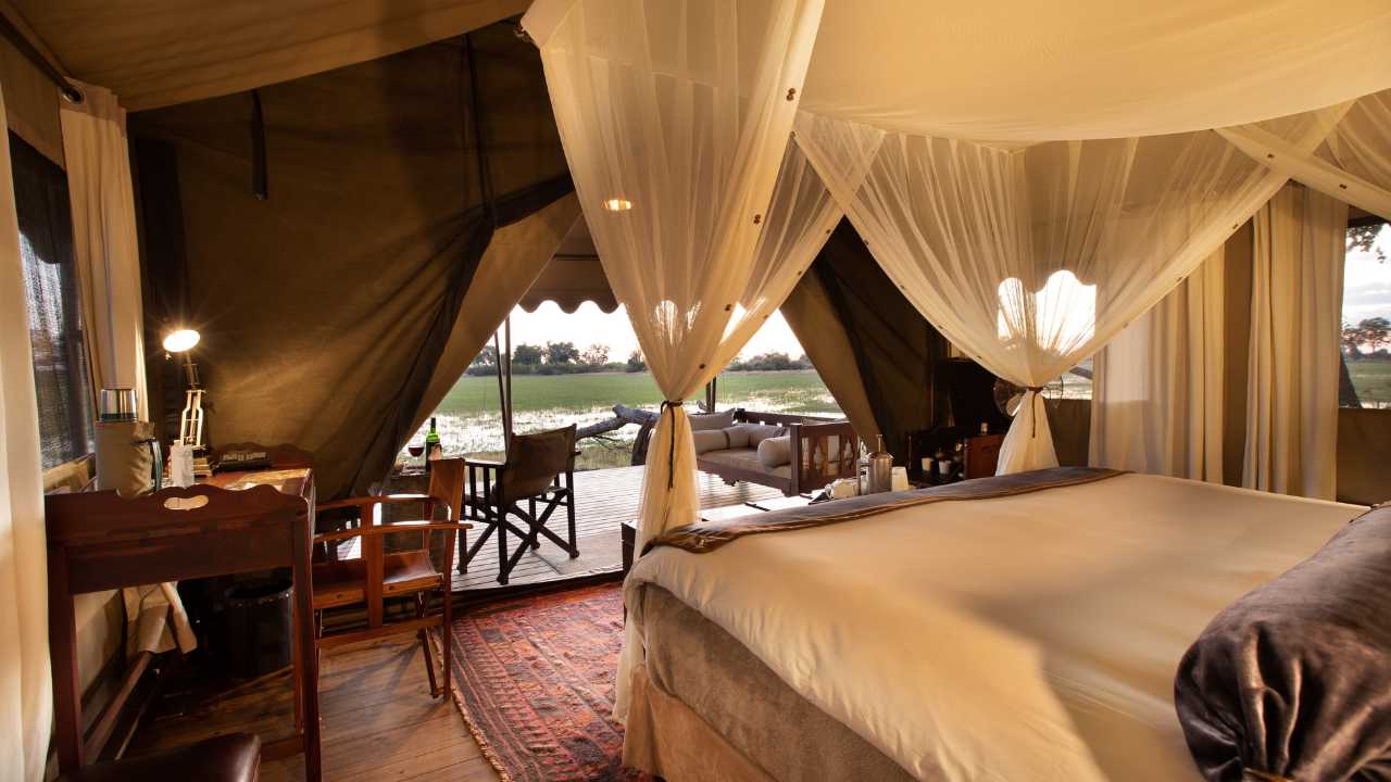 Guest accommodation at Duba Explorers Camp in Botswana’s Okavango Delta.