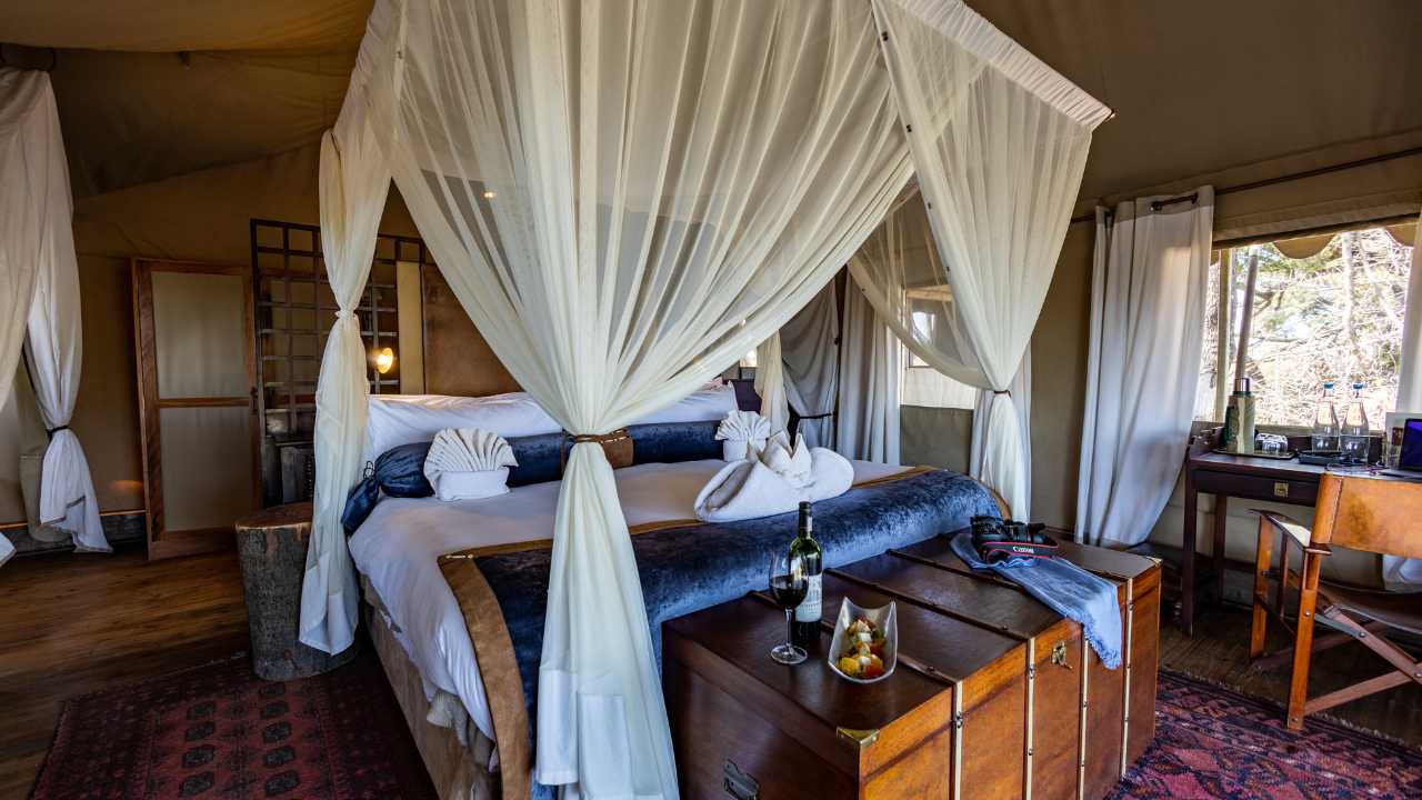 Guest accommodation at Duba Explorers Camp in Botswana’s Okavango Delta.