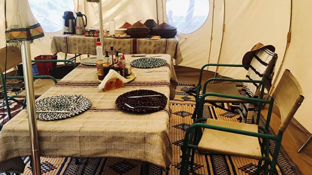 Main guest dining area in Ethiopian tented accommodation