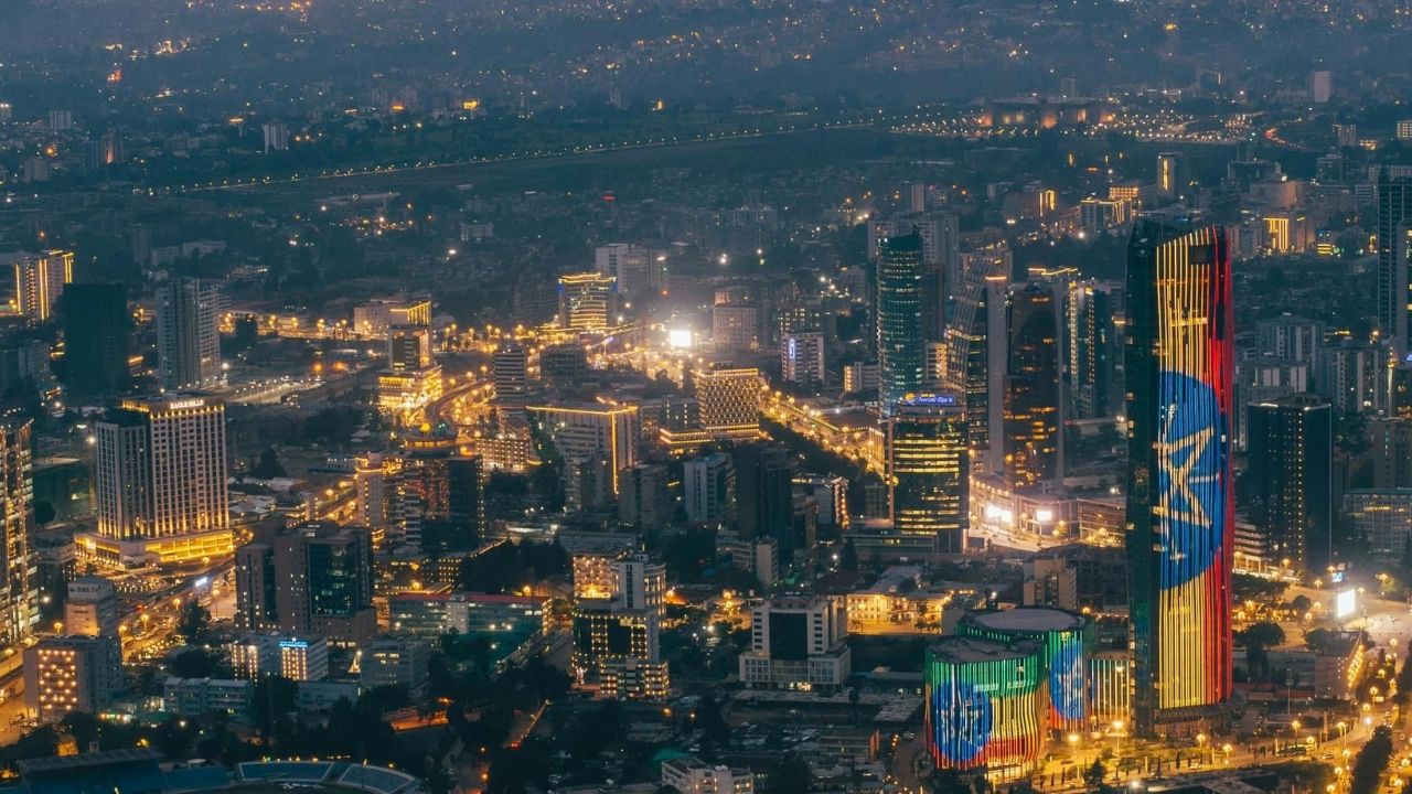 Addis Ababa city skyline lit with Ethiopian national flag colors