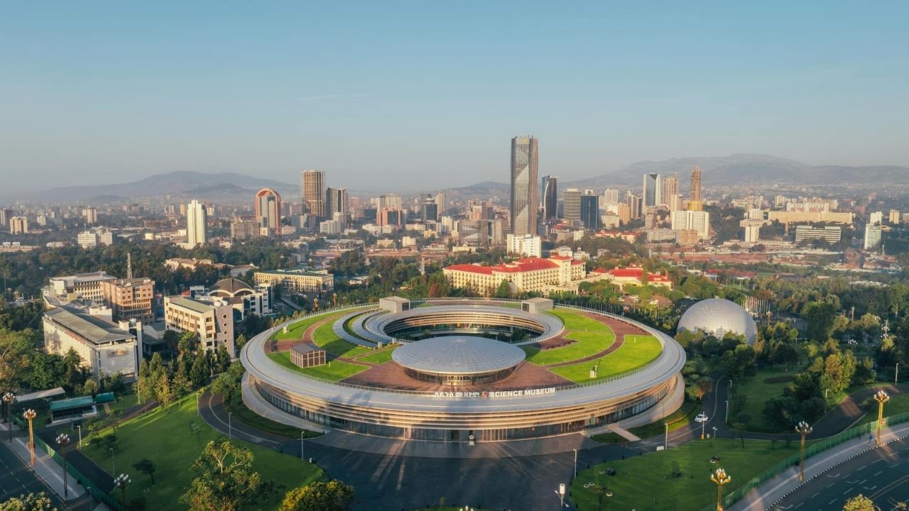 Wide-angle daytime view of science center, Addis Ababa Ethiopia