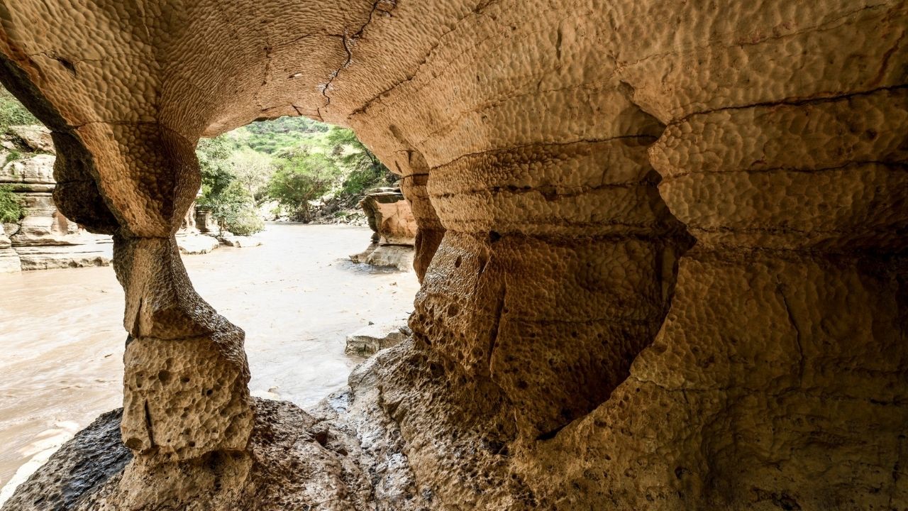 Erosion hollow with circular hole in Bale Mountains, Ethiopia