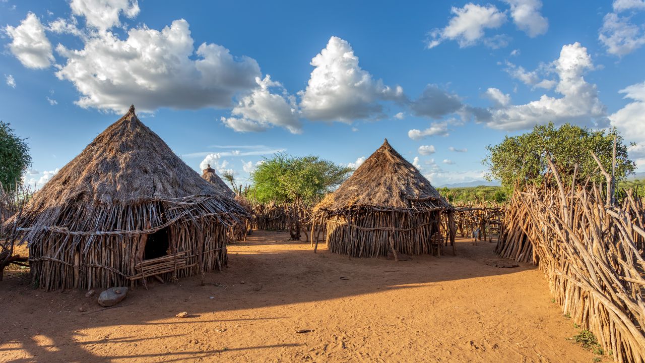 Ethiopian village with mud huts and sandy paths
