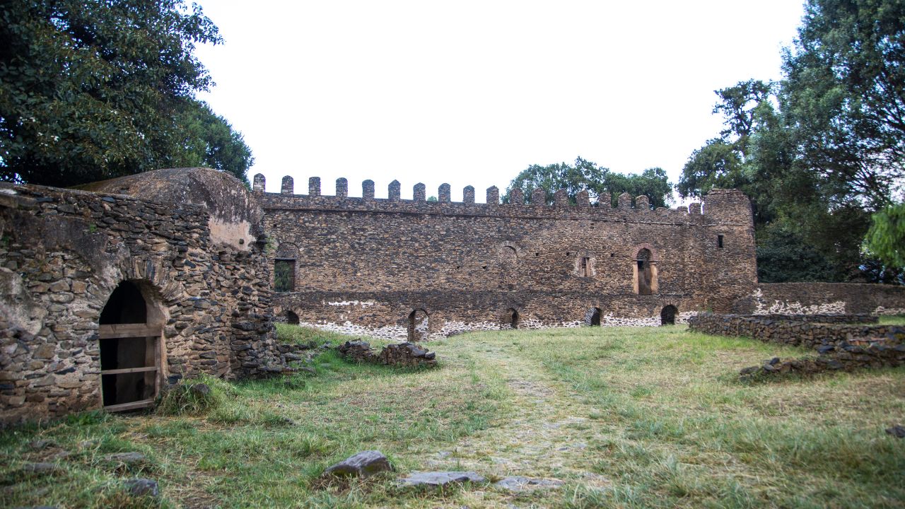 Exterior courtyard of Gondar castle with grass foreground and castle walls in background