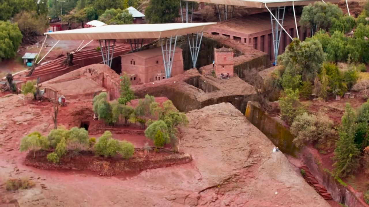 View across rocks of a church in Lalibela, Ethiopia, associated with the Ark of the Covenant.