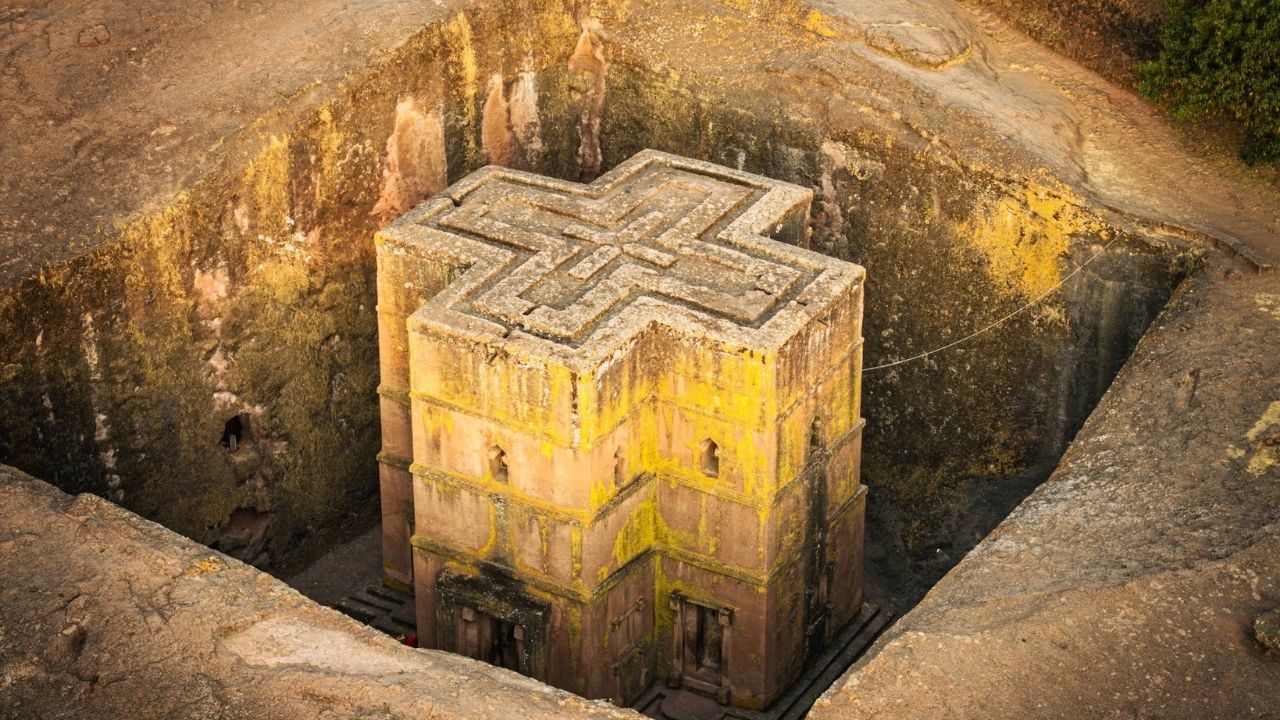 Aerial view of cross-shaped stone church in Lalibela, Ethiopia