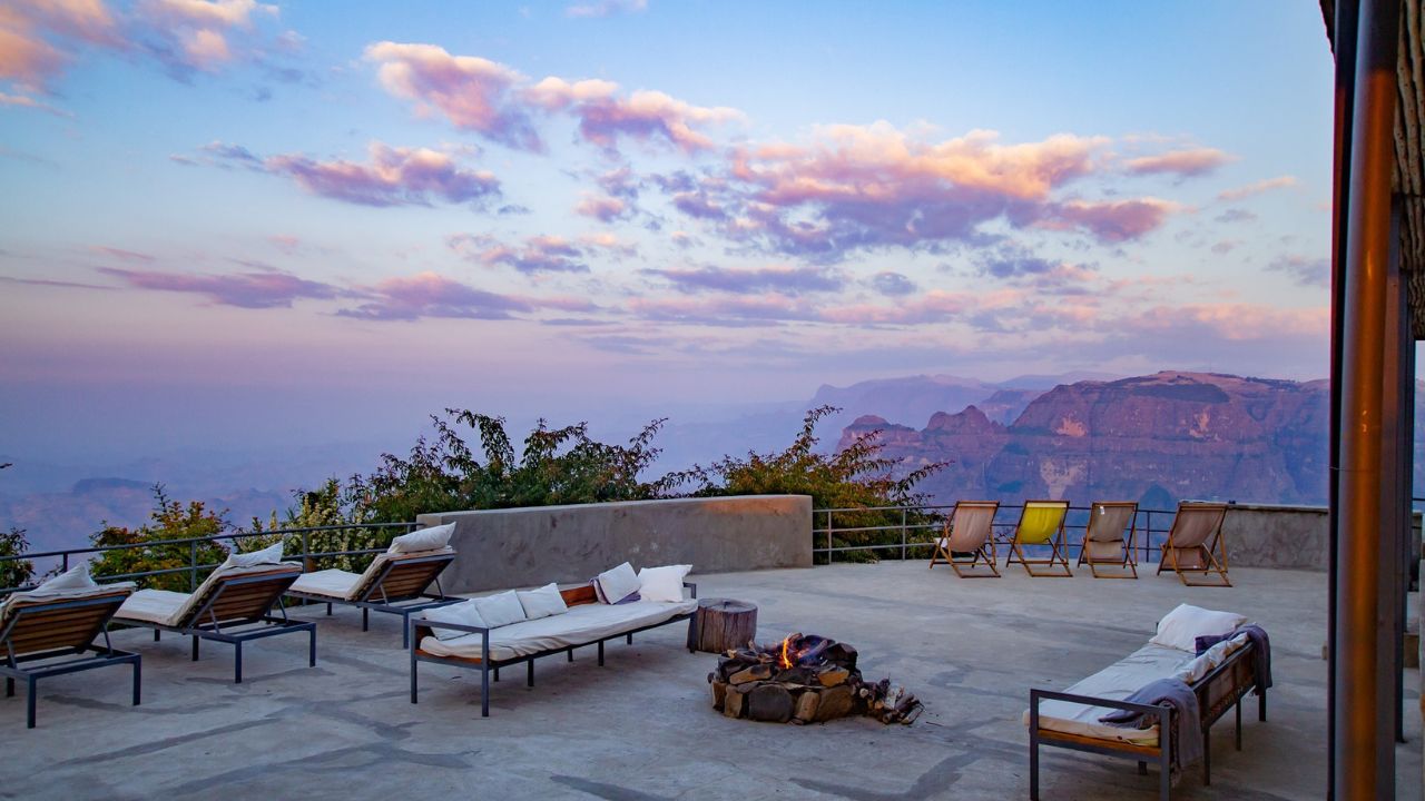 Sunset from terrace at LimaLimo Lodge, Simien Mountains, Ethiopia