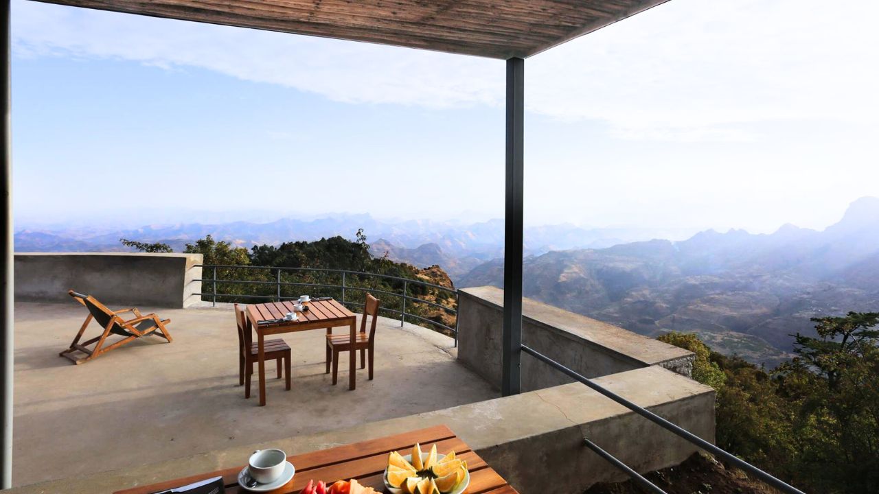 Terrace deck at LimaLimo Lodge overlooking Simien Mountains, Ethiopia