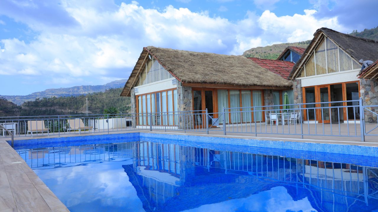 Terrace and pool view at Mezena Lodge, Ethiopia