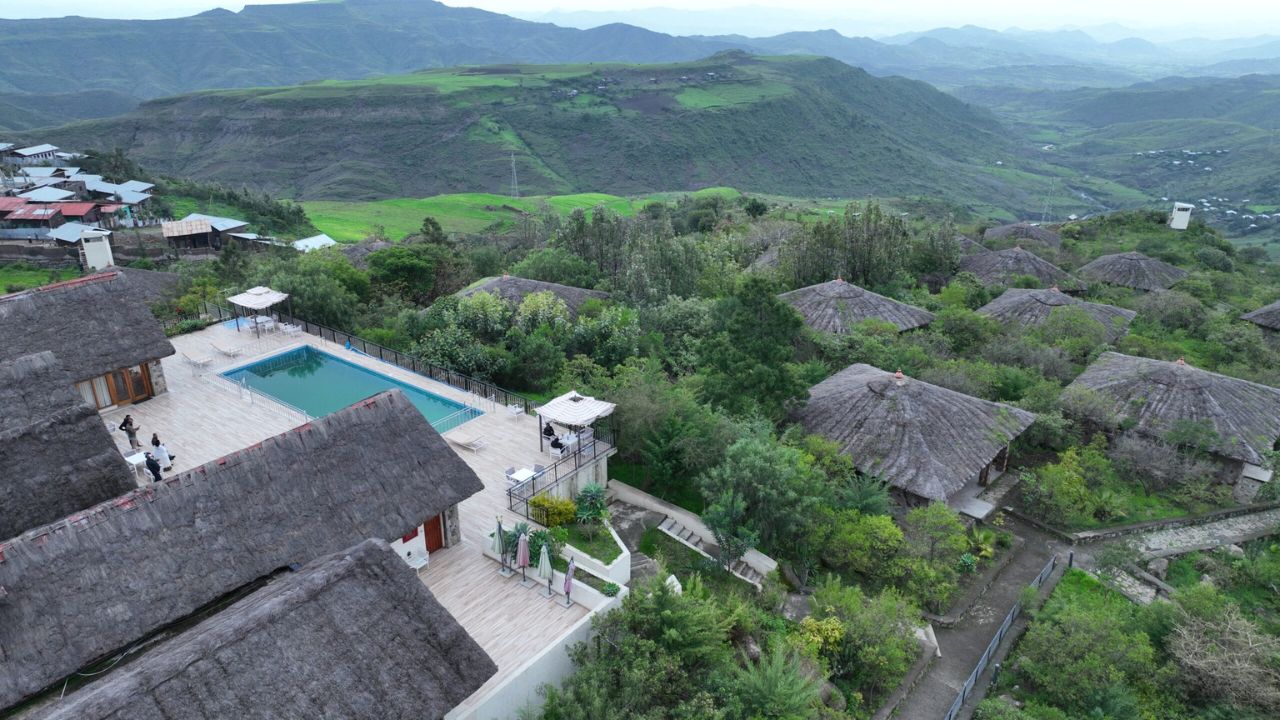 Aerial rear view of Mezena Lodge with pool, Ethiopia