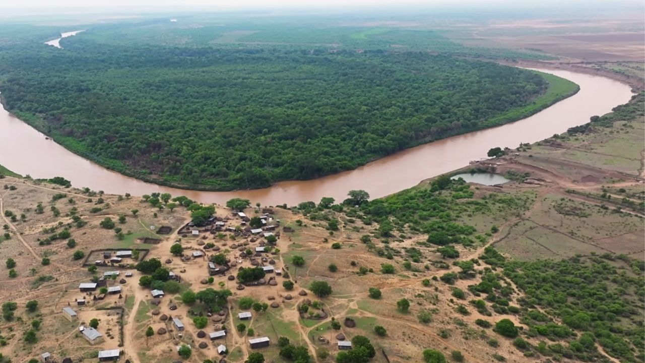Aerial view of Omo Valley village beside Omo River Ethiopia
