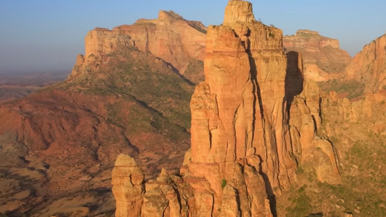 Gheralta Mountains rock face with Abuna Yemata Guh monastery location visible.
