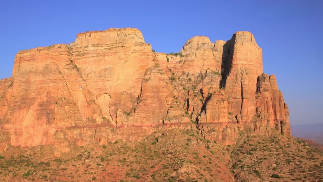 Wide-angle view of Gheralta rock face mountains showing monastery locations, Tigray, Ethiopia.