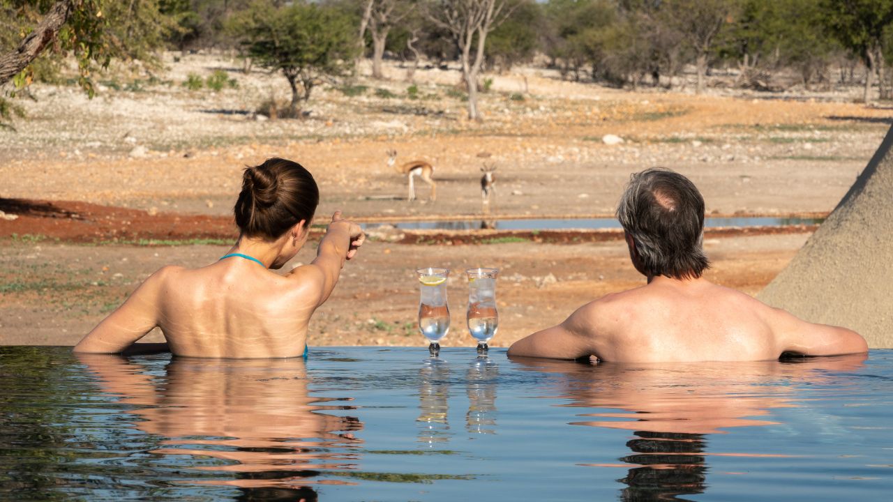 Romantic couple sitting in private infinity pool watching springboks in the desert