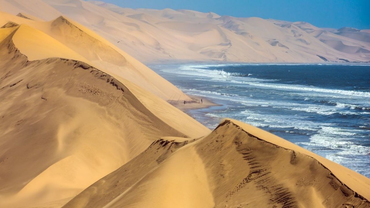 Skeleton Coast with ocean on right, golden dunes on left, blue sky, Namibia