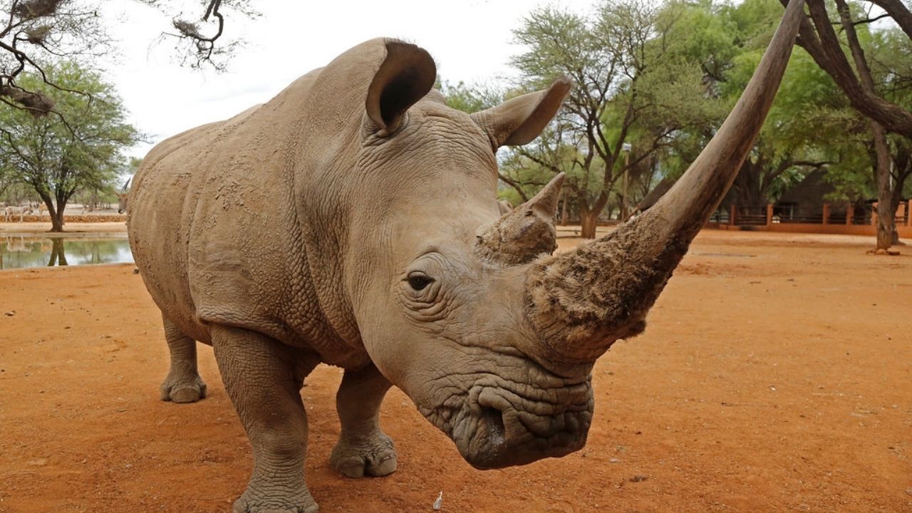 Extreme close-up of rhinoceros in sandy red desert, Namibia