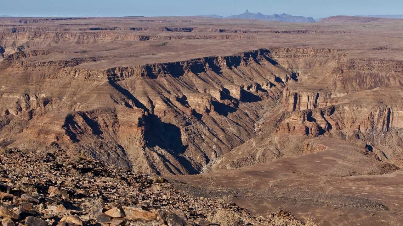 Aerial view of Fish River Canyon, Namibia, showcasing dramatic canyon landscapes.