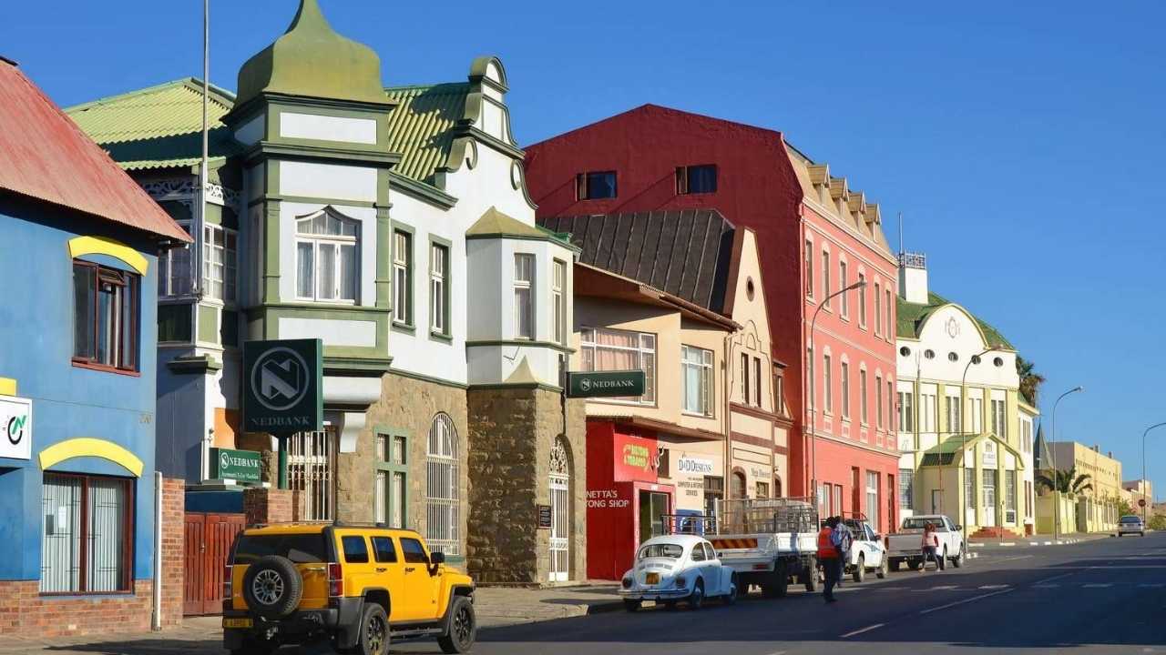 Old town buildings in Lüderitz, Namibia, showcasing colonial-era architecture.