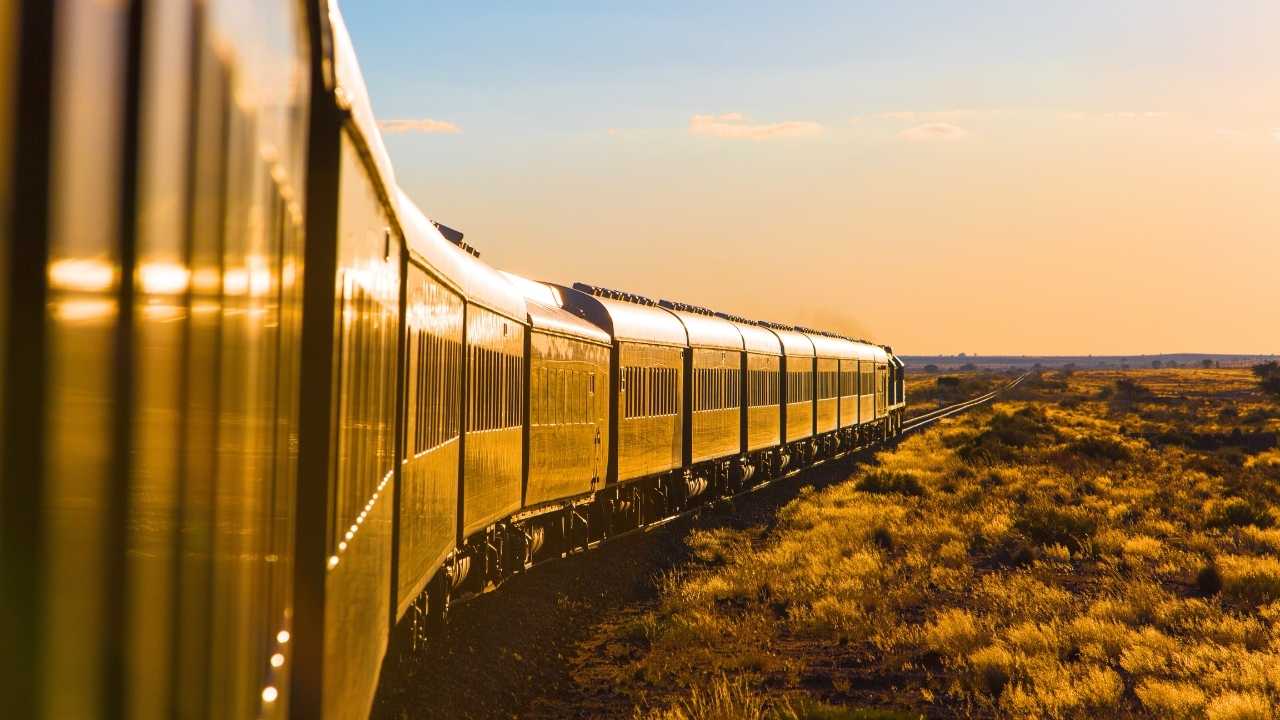 Rovos Rail luxury train travelling through the Namib Desert in Namibia.