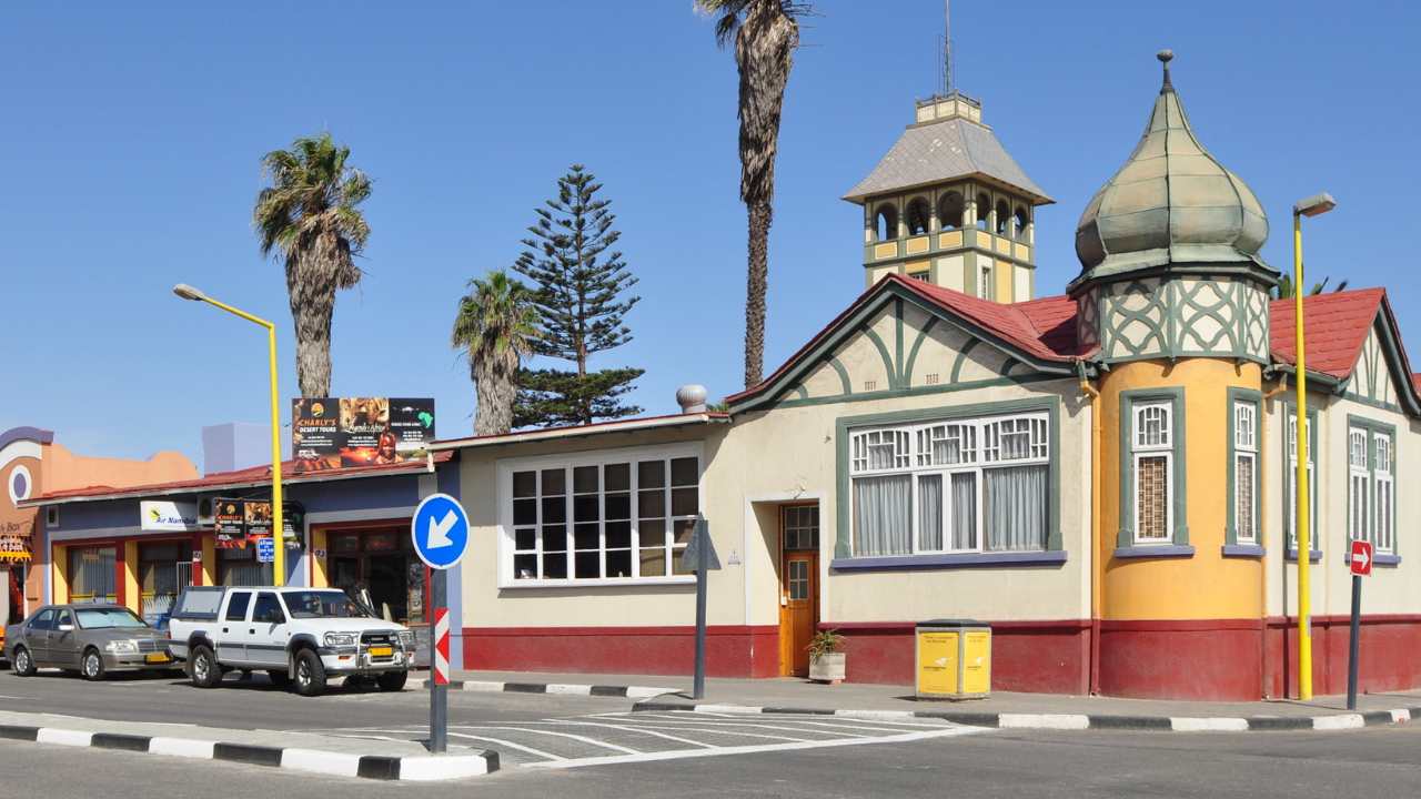 Buildings and streets of Walvis Bay town in Namibia.