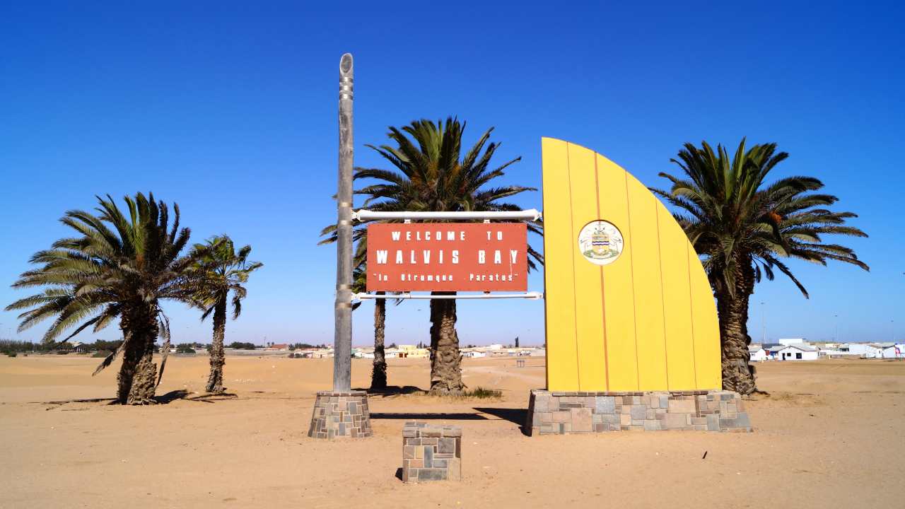 Buildings and streets of Walvis Bay town in Namibia.
