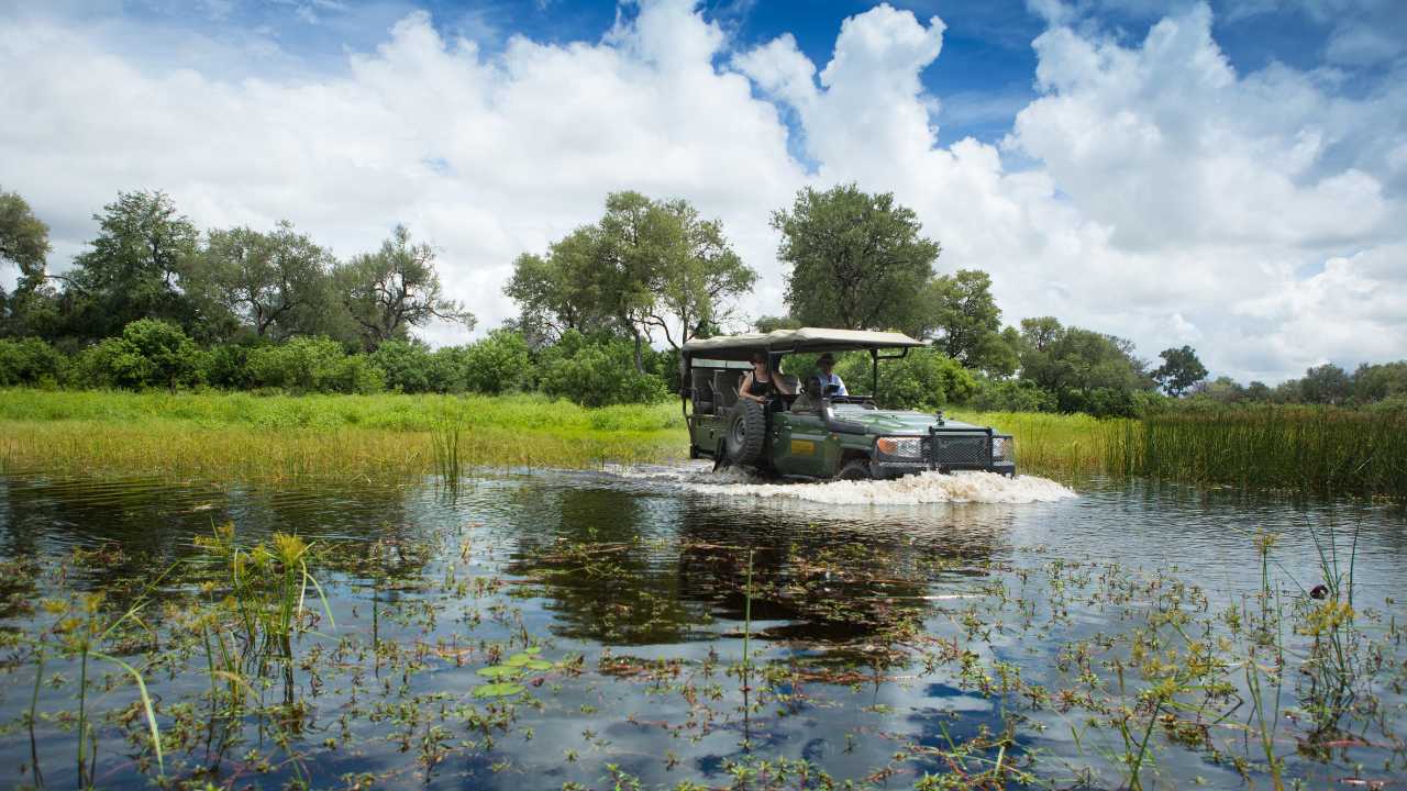 Safari vehicle crossing a waterway with bush in the background in Botswana.