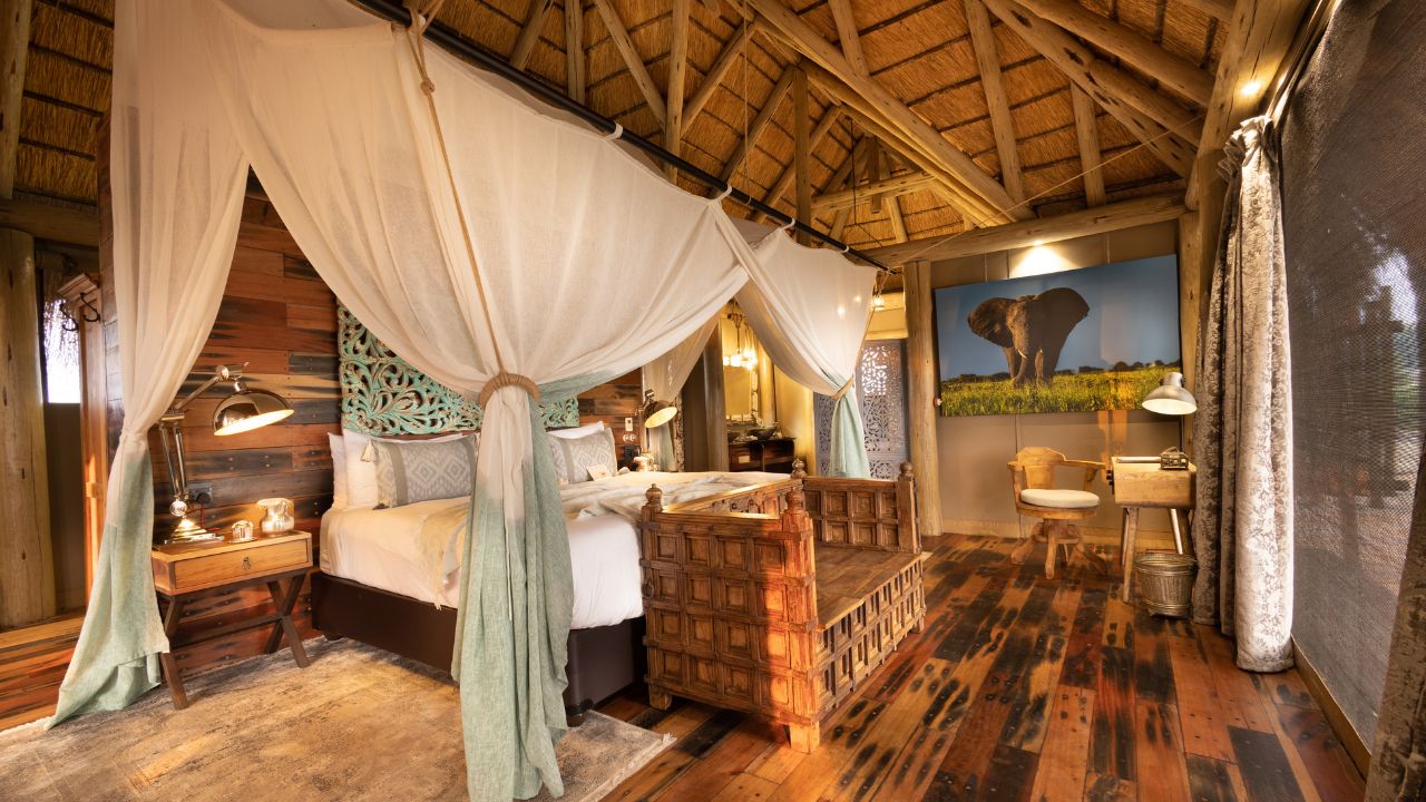Alternative view of a double room at Sitatunga Private Island lodge in Botswana.