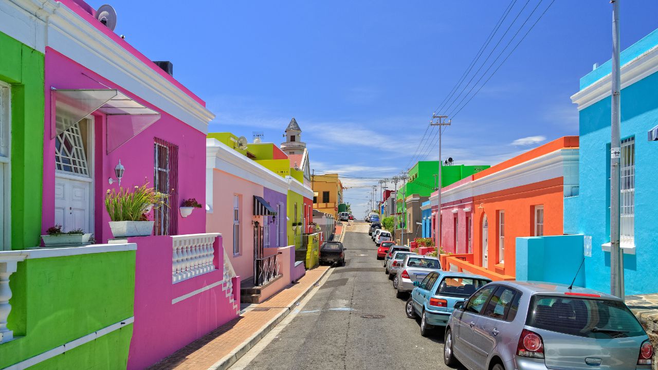 Colorful inner-city homes on a street in Cape Town