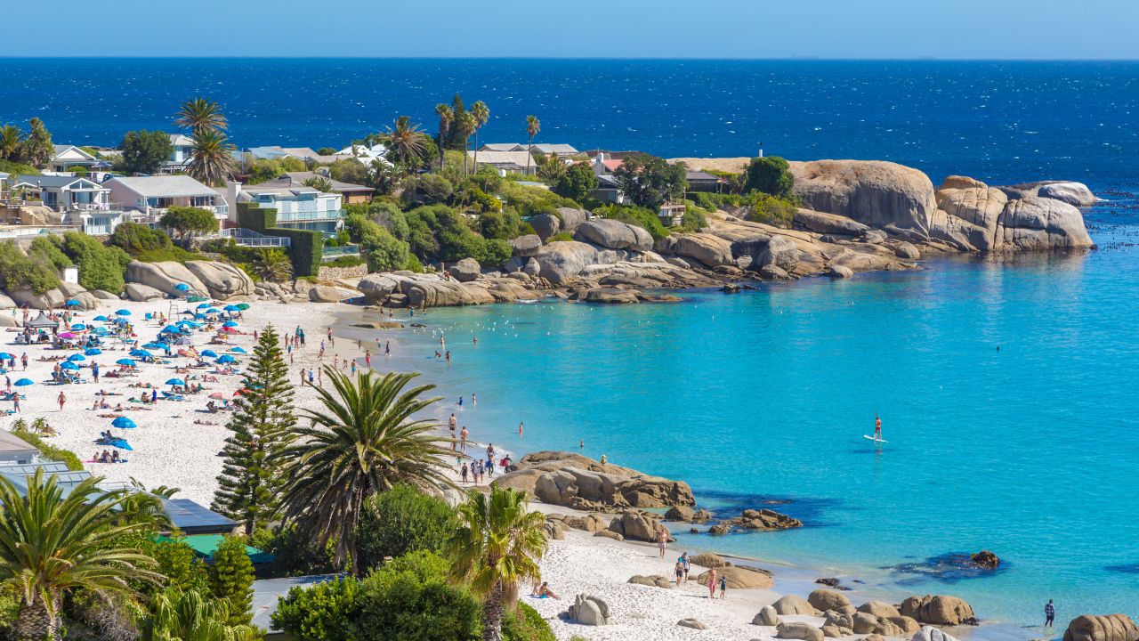 Beaches of Camps Bay, Cape Town with blue ocean and white sands