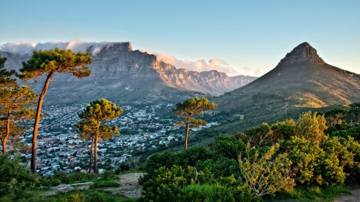 Table Mountain and Lion’s Head with Cape Town city bowl and greenery